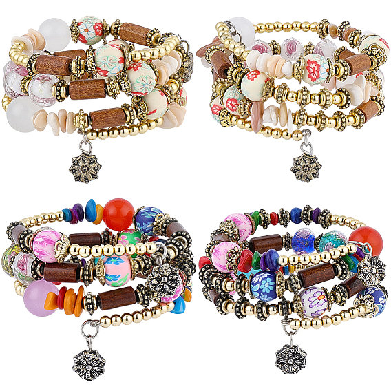 4 pièces 2 couleurs bracelet enroulé bohème multi-rangs de perles turquoise synthétiques irrégulières, bracelet à breloques fleurs, bracelet perles bois & fleurs rondes, bijoux ethniques pour femmes, Or antique