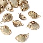 Brass & Natural Shell Pendants, Conch Shape Charms, with Golden Plated Edge