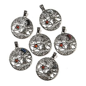 Natural Red Agate(Dyed & Heated) & Electroplated Druzy Agate Pendants, Antique Silver Tone Rack Plating Alloy Tree with Star Charms, Lead Free & Cadmium Free