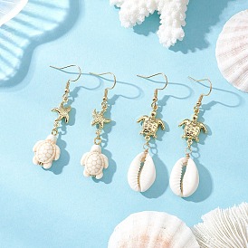 2 Парные серьги-подвески из нержавеющей стали и натуральной ракушки, с синтетическими бирюзовый, форма панциря и черепаха