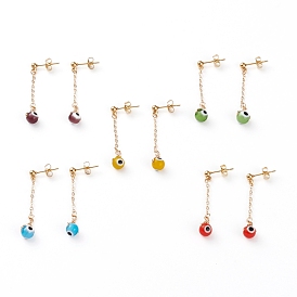 304 Stainless Steel Dangle Stud Earrings, with Ear Nuts, Brass Cable Chains and Handmade Evil Eye Lampwork Round Beads, Golden