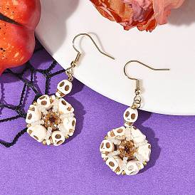 Dyed Synthetic Turquoise Dangle Earrings for Women, Skull, with Glass Seeds, 304 Stainless Steel Dangle Earrings, Golden
