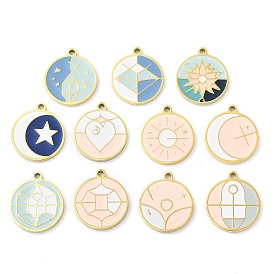 304 подвески из нержавеющей стали, с эмалью, плоский круглый шарм, золотые