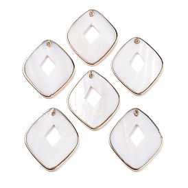 Natural Freshwater Shell Pendants, Square Charms with Golden Tone Brass Edge