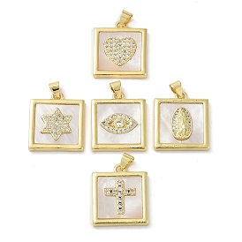 Rack Plating Brass Micro Pave Clear Cubic Zirconia Pendants, with Shell, Long-Lasting Plated, Lead Free & Cadmium Free, Real 18K Gold Plated