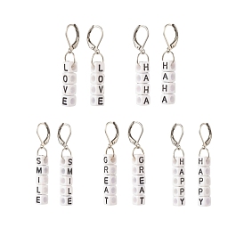 5Pair 5 Style Acrylic Cube Letter Beaded Dangle Leverback Earrings, 304 Stainless Steel Jewelry for Women