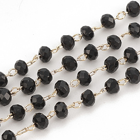 Main chaînes de perles de verre, soudé, avec les accessoires en laiton, facette, rondelle, noir