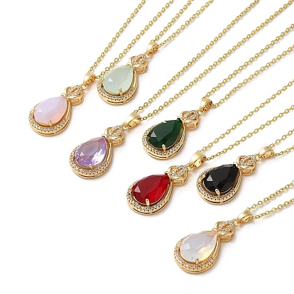 Brass Micro Pave Cubic Zirconia Pendant Necklaces,  Glass Jewelry for Women, 201 Stainless Steel Cable Chain Necklaces, Teardrop