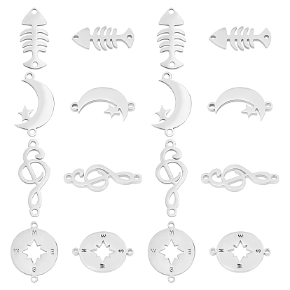 16Pcs 4 Style 201 Stainless Steel Links, Manual Polishing, Compass & Moon & Fishbone & Musical Note