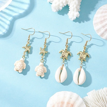 2 Парные серьги-подвески из нержавеющей стали и натуральной ракушки, с синтетическими бирюзовый, форма панциря и черепаха