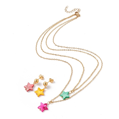 Synthetic Shell Star Pendant Double Layer Necklaces and Dangle Stud Earrings, Gold Plated 304 Stainless Steel Jewelry Sets for Women, Ion Plating(IP)