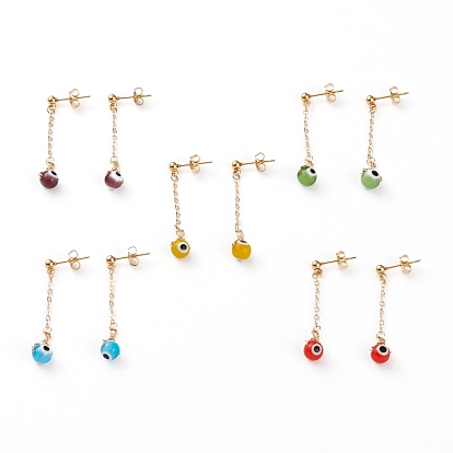 304 Stainless Steel Dangle Stud Earrings, with Ear Nuts, Brass Cable Chains and Handmade Evil Eye Lampwork Round Beads, Golden