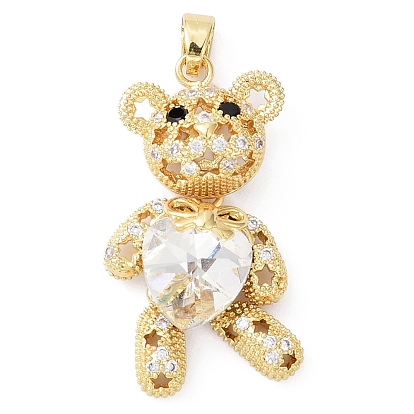 Real 18K Gold Plated Rack Plating Brass Micro Pave Cubic Zirconia Pendants, with Glass, Long-Lasting Plated, Cadmium Free & Lead Free, Bear with Star Pattern