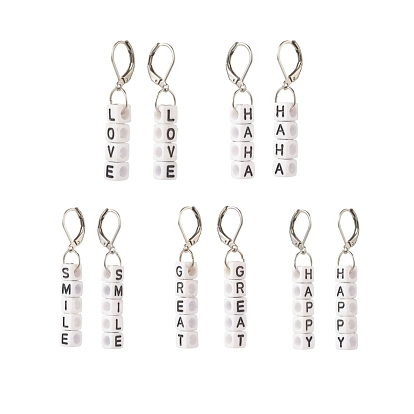 5Pair 5 Style Acrylic Cube Letter Beaded Dangle Leverback Earrings, 304 Stainless Steel Jewelry for Women
