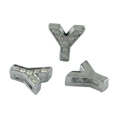 Alphabet Alloy Initial Slide Charms with Grade A Rhinestones, Lead Free & Nickel Free, Platinum, 12~13x8~13x4~5mm, Hole: 8x2mm