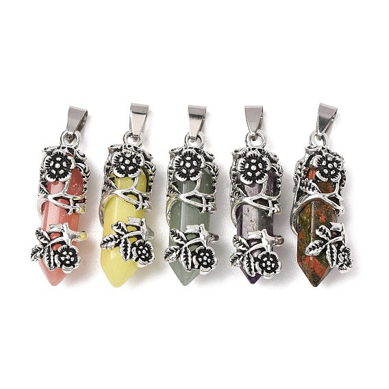 Natural Gemstone Alloy Rose Wrapped Hexagonal Prism Pointed Pendants, Faceted Bullet Healing Charms, Antique Silver