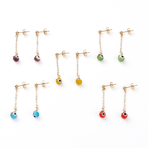 304 Stainless Steel Dangle Stud Earrings, with Ear Nuts, Brass Cable Chains and Handmade Evil Eye Lampwork Round Beads, Golden