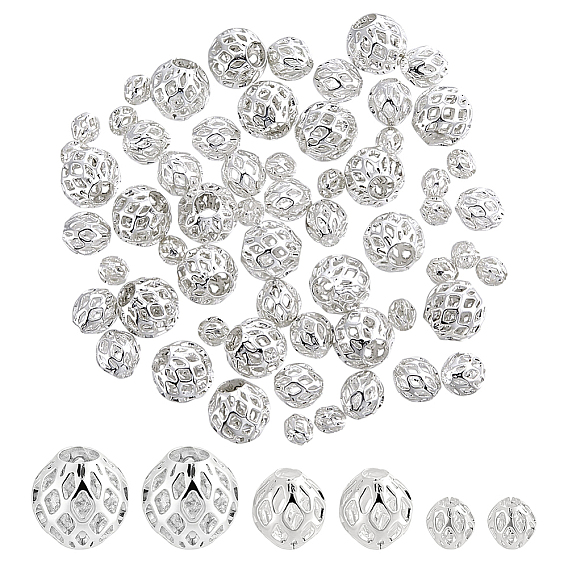 60Pcs 3 Styles Brass Beads, Hollow Round