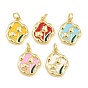 Brass with Enamel Pendants, Irregular Flat Round with Tulip Charms, Golden