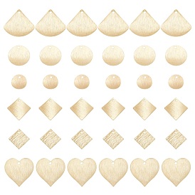 36Pcs 6 Style Brass Charms, Long-Lasting Plated, Flat Round & Square & Fan & Heart & Rhombus