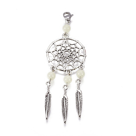 Alloy Pendants, with 304 Stainless Steel Lobster Claw Clasps, Iron Finding, Luminous Acrylic Round Beads, Woven Net/Web with Feather