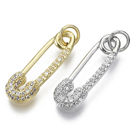 Brass Micro Pave Cubic Zirconia Pendants, Nickel Free, with Jump Rings, Safety Pin Shape, Clear