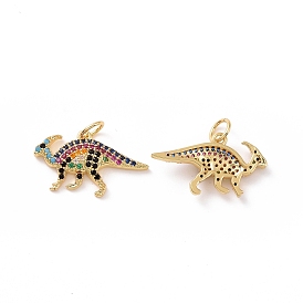 Dinosaur Brass Micro Pave Colorful Cubic Zirconia Charms, with Jump Rings, Cadmium Free & Nickel Free & Lead Free