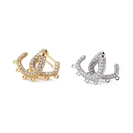 Brass Micro Pave Clear Cubic Zirconia Studs Earrings Findings, Cadmium Free & Lead Free, C Shape with Loops