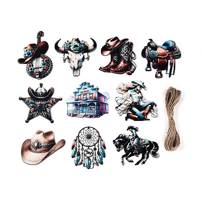 30 шт. подвесные украшения из дерева с УФ-печатью в стиле ковбойского Запада, разнообразные, подвесные украшения из джутовой веревки, вырезанные лазером деревянные формы