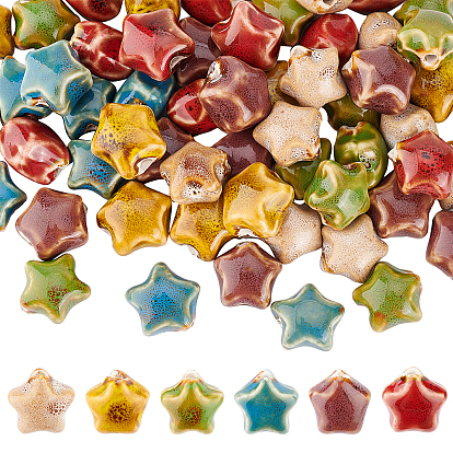 60Pcs 6 Colors Handmade Porcelain Beads, Bright Glazed Porcelain, Star