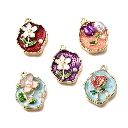 Подвески из эмали и сплава, с ABS имитации жемчуга, овальные с цветком, стойки покрытие, долговечный, без свинца, без кадмии и без никеля, золотые