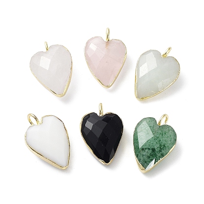 Gemstone Pendants, Faceted Heart Charms, with Golden Plated Brass Edge Loops