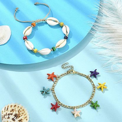 2Pcs 2 Style Synthetic Turquoise Starfish Charm Bracelets Set, Natural Shell & Maple Wood Braided Bead Bracelets, with Real 18K Gold Plated 304 Stainless Steel Figaro Chains