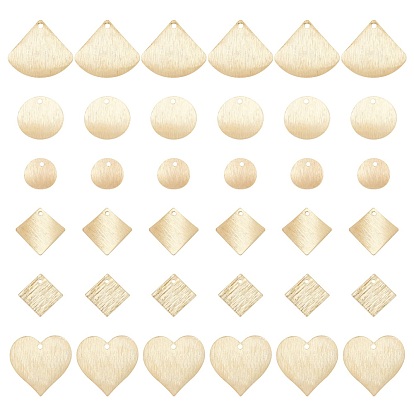 36Pcs 6 Style Brass Charms, Long-Lasting Plated, Flat Round & Square & Fan & Heart & Rhombus