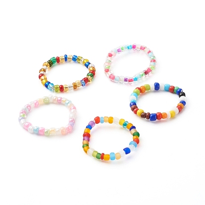 Handmade Stretch Rings, with Glass Opaque Seed Beads, Trasparent Inside Beads, Frosted Beads, Silver Lined Round Beads, Ring