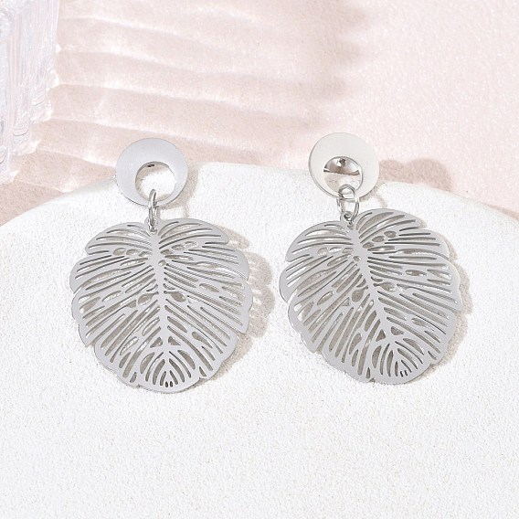 304 Stainless Steel Dangle Earrings for Women, Monstera Leaf