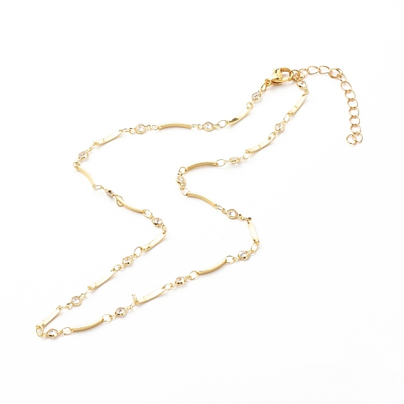 Brass Chains Bracelets, with Bar Links & Cubic Zirconia Chain, Charms, 304 Stainless Steel Jump Rings & Lobster Claw