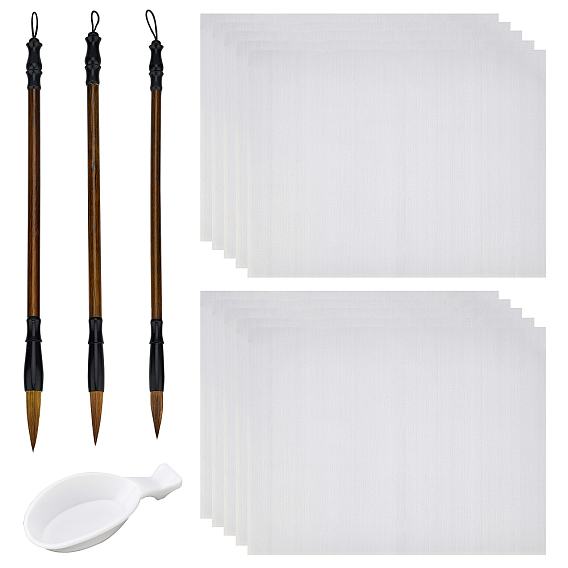 4Kits de pinceles y plumas para caligrafía china, contenedores de bandeja de tinta en forma de cuchara, 10 hojas de tela mágica escritura al agua