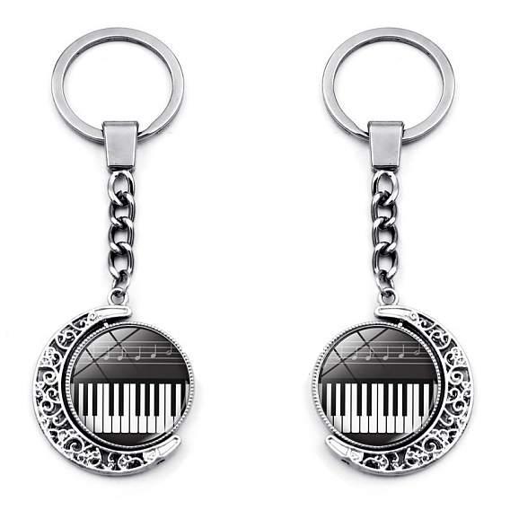 Double Sided Rotatable Moon Alloy Pendant Keychains, with Half Round with Electric Piano Glass Cabochons