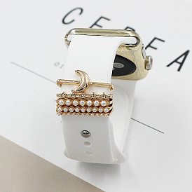 Moon & Star Alloy Watch Band Charms Set, Imitation Pearl Beads Watch Band Decorative Ring Loops