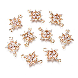 Brass Micro Pave Clear Cubic Zirconia Links Connectors, Long-Lasting Plated, Cadmium Free & Lead Free, Flower
