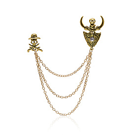 Fashionable Vintage Skull Head Brooch with Fringe and Creative Alloy Chain, Versatile Lapel Pin for Men and Women