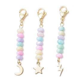 3Pcs 304 Stainless Steel with Dyed Natural Freshwater Shell Bead Pendant Decoration, with Alloy Lobster Claw Clasps, Moon & Star & Lightning Bolt
