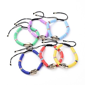 Adjustable Nylon Cord Braided Bead Bracelets, with Polymer Clay Heishi Beads, Electroplated Cowrie Shell Beads and Brass Round Beads