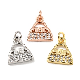 Rack Plating Brass Micro Pave Clear Cubic Zirconia Charms, Lead Free & Cadmium Free, Long-Lasting Plated, Handbag