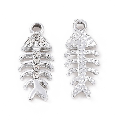 Alloy Rhinestone Pendants, Platinum Tone Fishbone Charms
