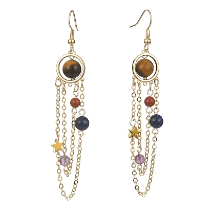 Natural Gemstone Dangle Earrings, with Brass Beads and Brass Cable Chains, Soldered, Round