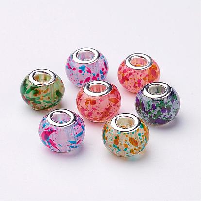 Spray Painted Glass European Beads, with Silver Color Plated Brass Cores, Large Hole Beads, Rondelle, 15x12mm, Hole: 5mm