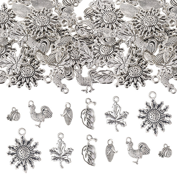 60Pcs 6 Style Tibetan Style Alloy Pendants, Pumpkin & Corn & Rooster & Maple Leaf & Flower