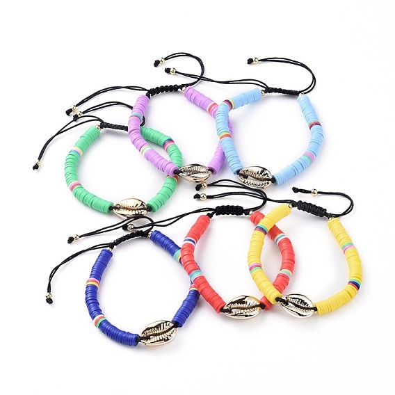 Adjustable Nylon Cord Braided Bead Bracelets, with Polymer Clay Heishi Beads, Electroplated Cowrie Shell Beads and Brass Round Beads